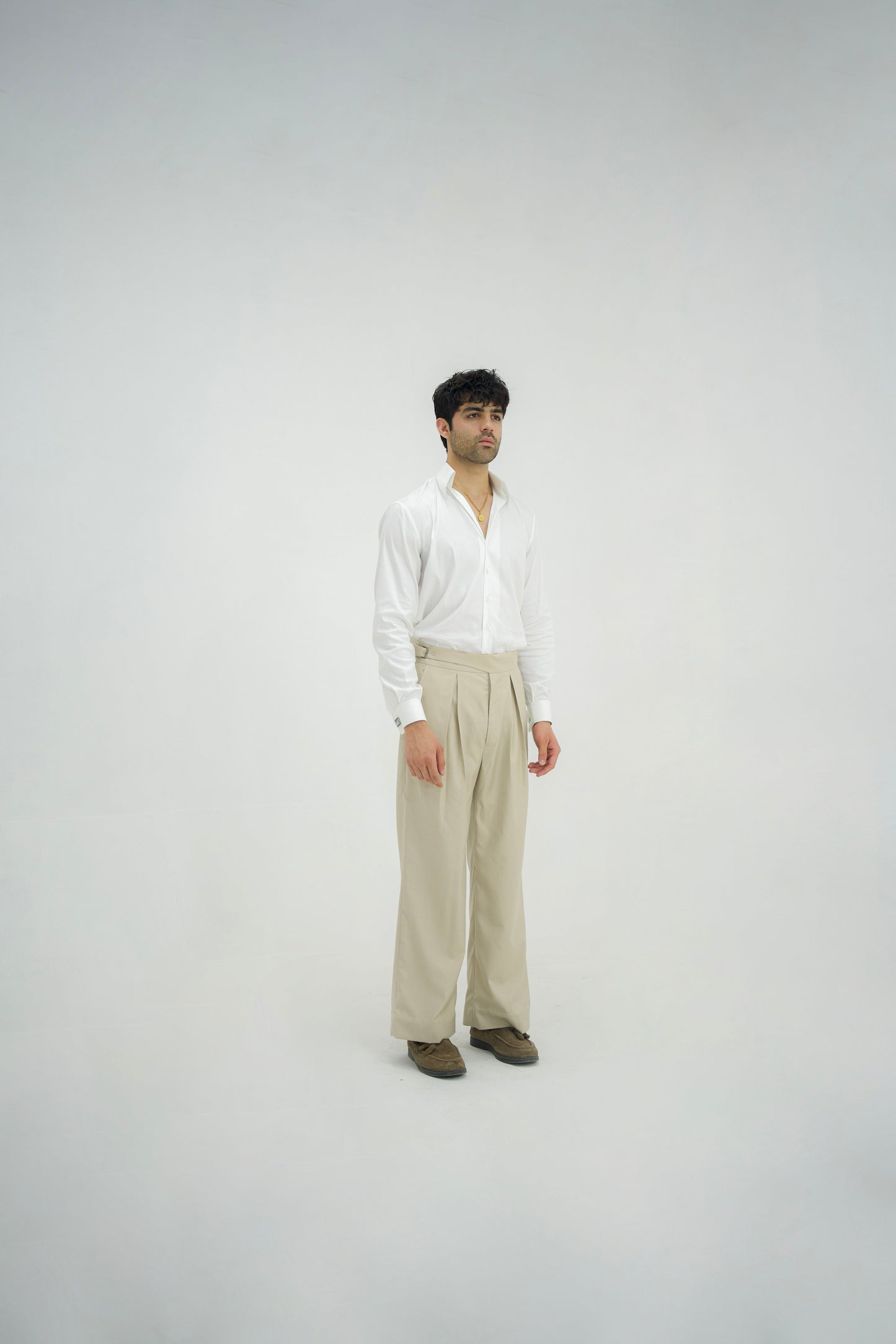 ECRU-Beige Box Pleated High Waisted Pants