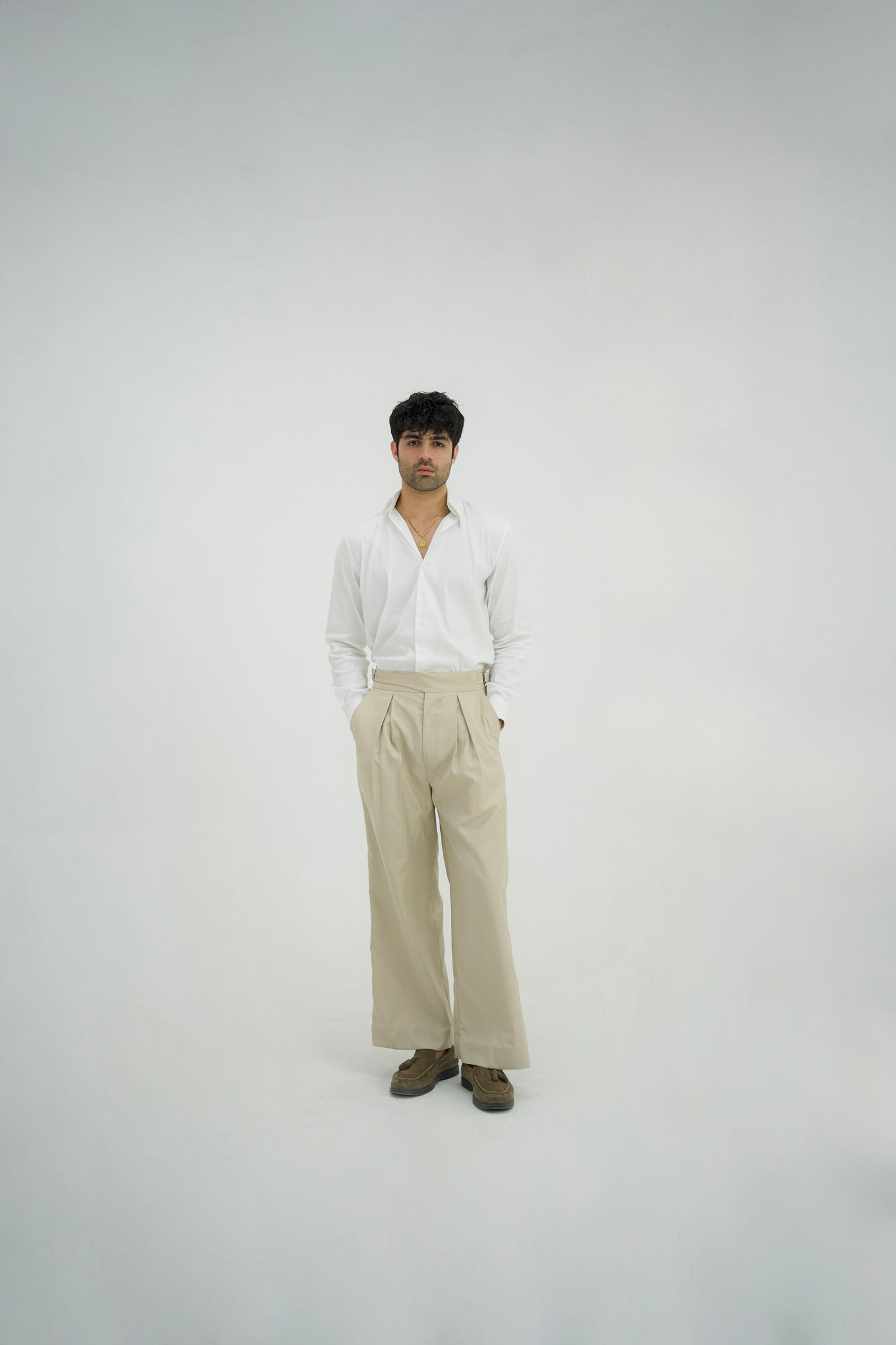ECRU-Beige Box Pleated High Waisted Pants