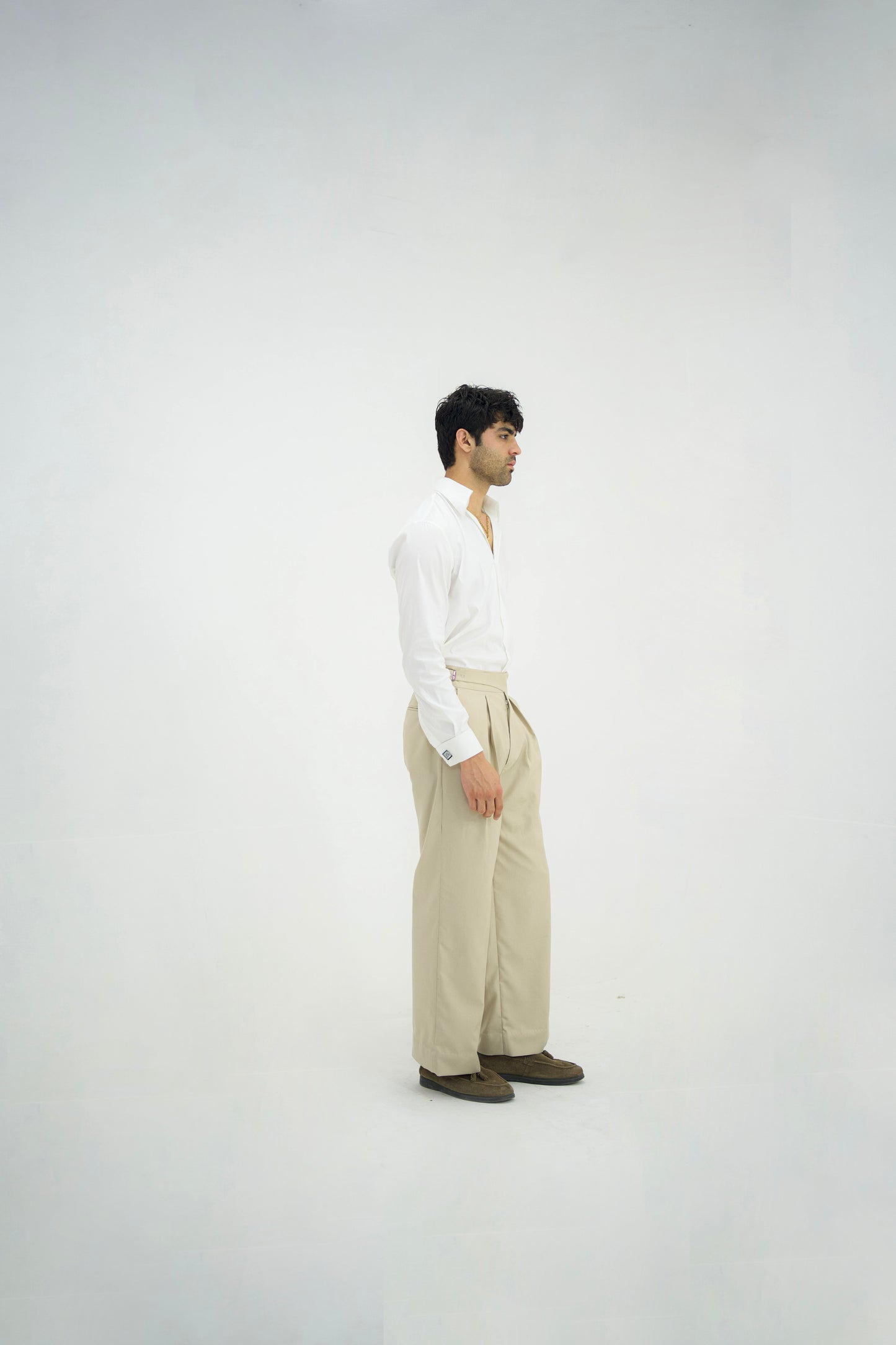 ECRU-Beige Box Pleated High Waisted Pants
