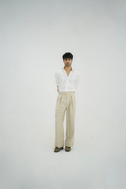 ECRU-Beige Box Pleated High Waisted Pants