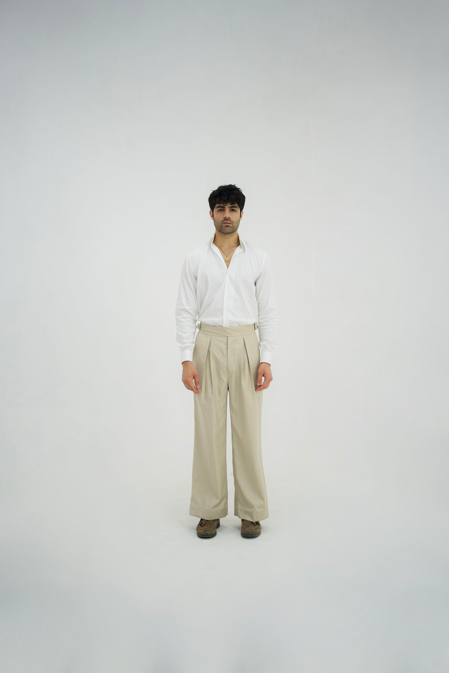 ECRU-Beige Box Pleated High Waisted Pants