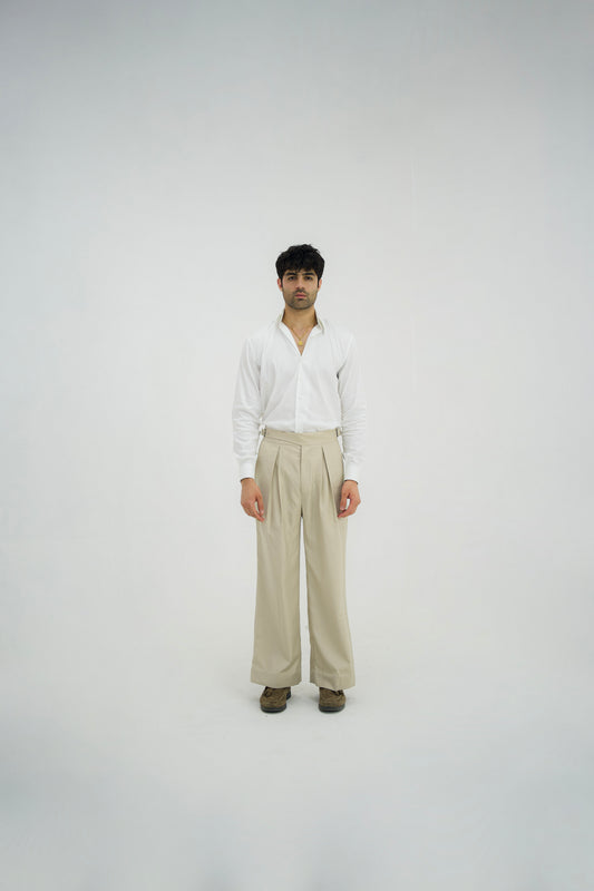 ECRU-Beige Box Pleated High Waisted Pants