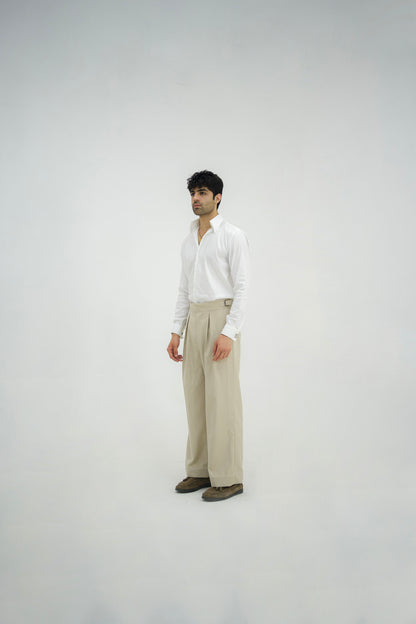 ECRU-Beige Box Pleated High Waisted Pants