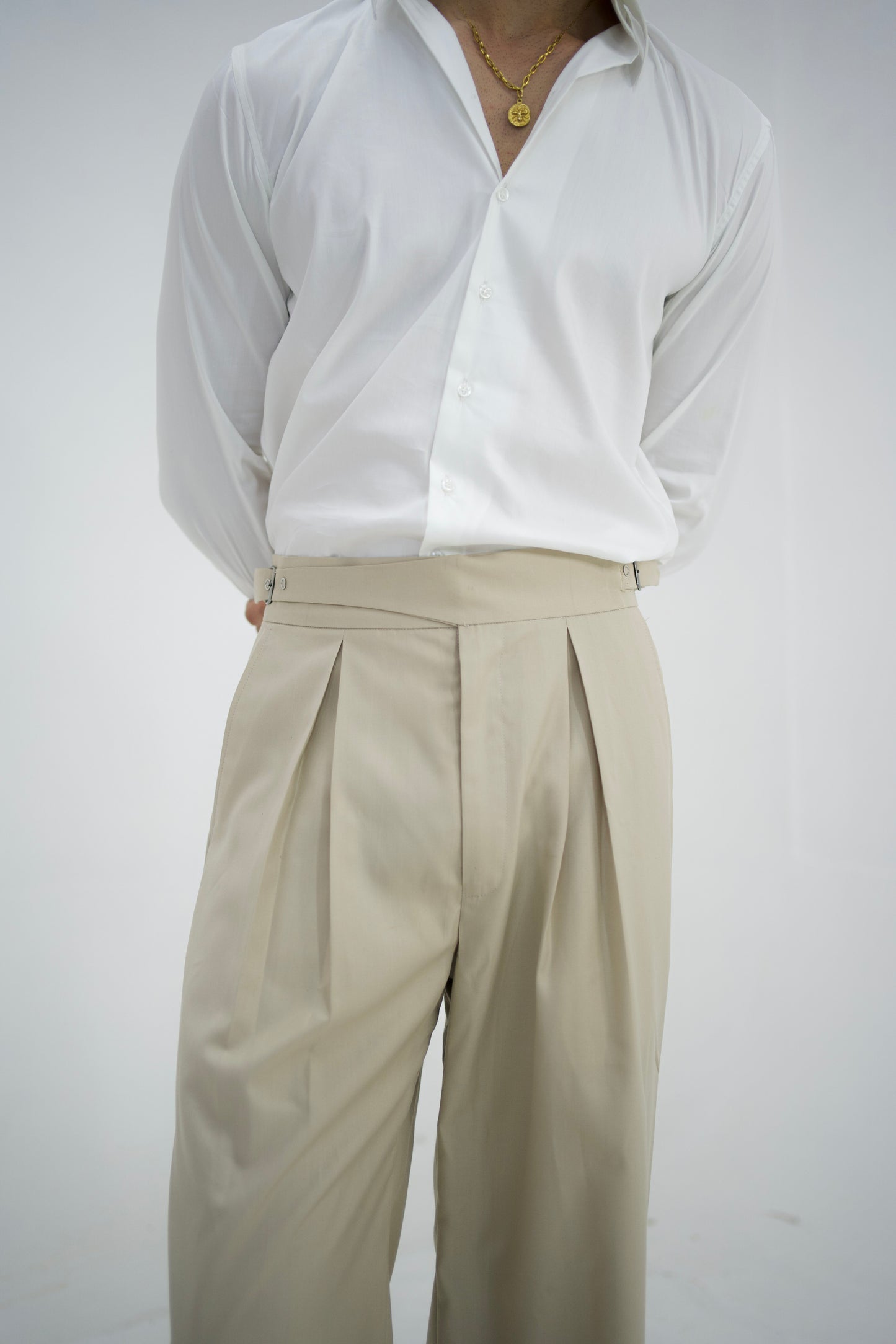 ECRU-Beige Box Pleated High Waisted Pants