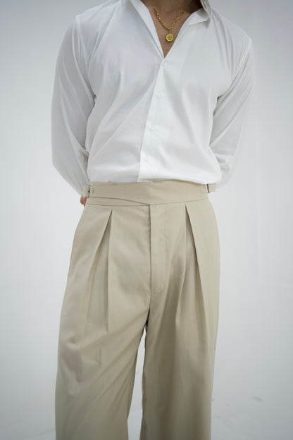 ECRU-Beige Box Pleated High Waisted Pants